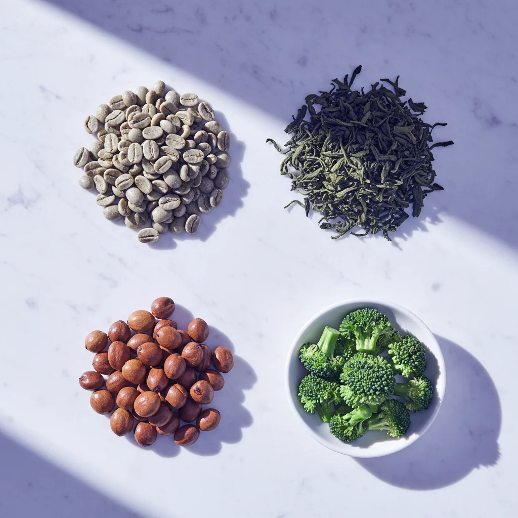 Green coffee beans, green tea leaves, guarana seeds and broccoli flatlay - plant extracts in Slim Coffee Booster