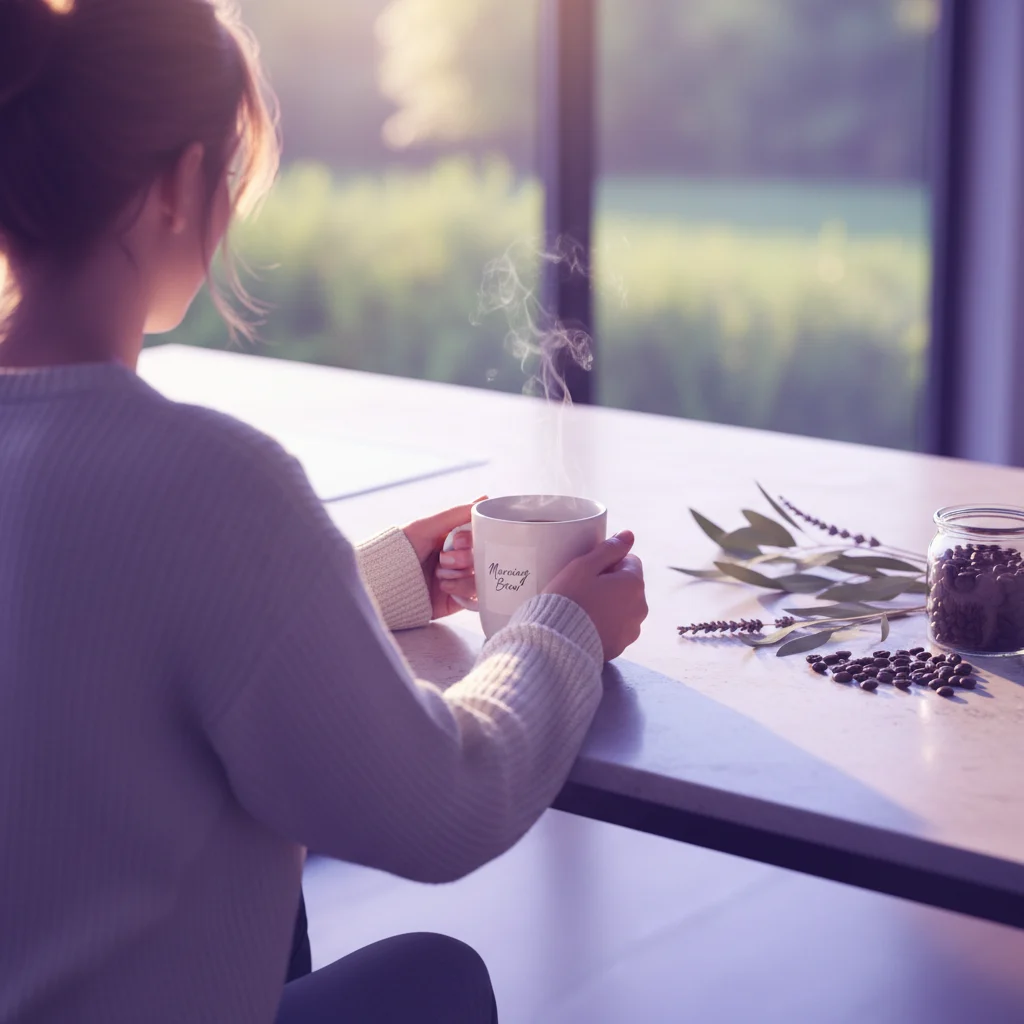 Person from behind enjoying a morning coffee supplement ritual at a bright kitchen counter