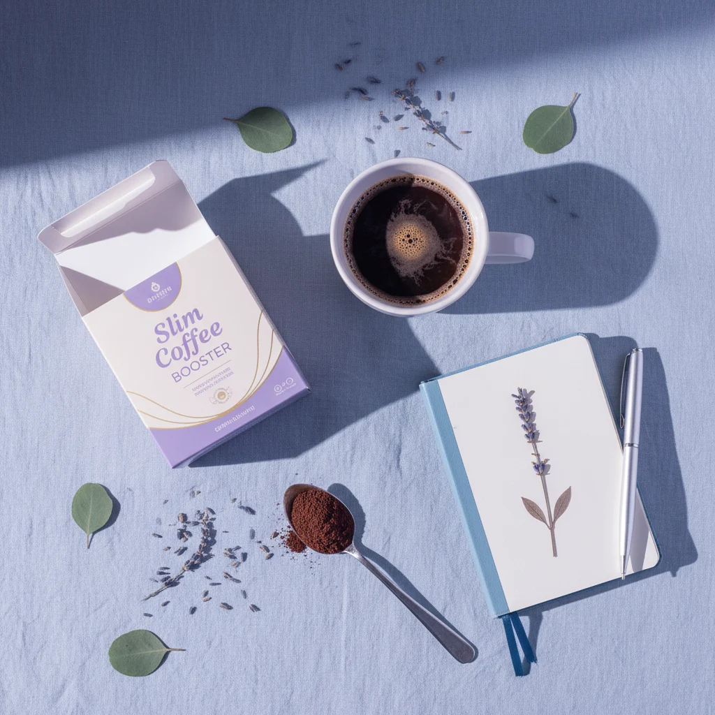 Morning routine flatlay with Slim Coffee Booster box, mug and journal